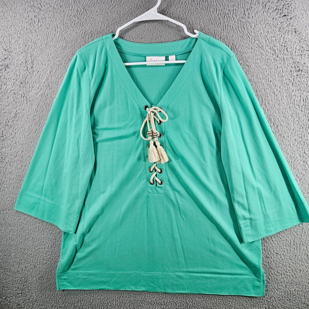 Belle Beach Kim‎ Gravel Womens Large Teal Green Lace Up V-Neck 3/4 Sleeve Top